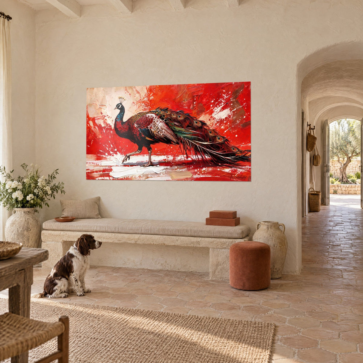 Quadro di un uccello reale dal piumaggio bordeaux e bianco crema, zampe sottili sollevate, davanti a uno spaniel seduto in un casolare provenzale