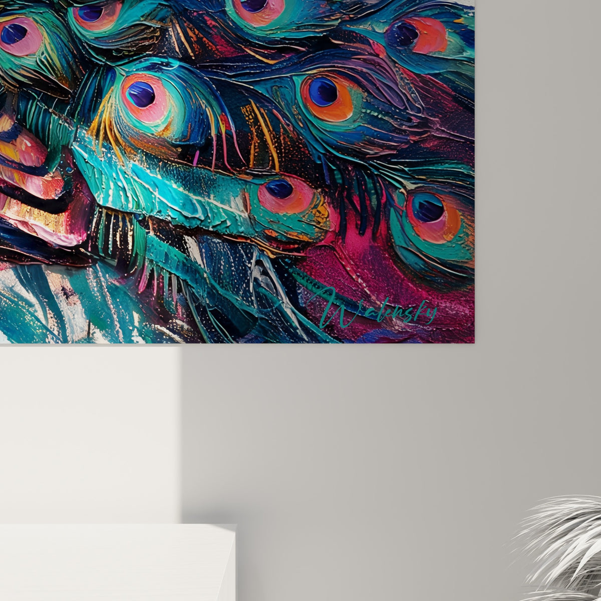 Empâtements de peinture bleu et orange formant les yeux ocellés des plumes du paon, matière épaisse et relief marqué
