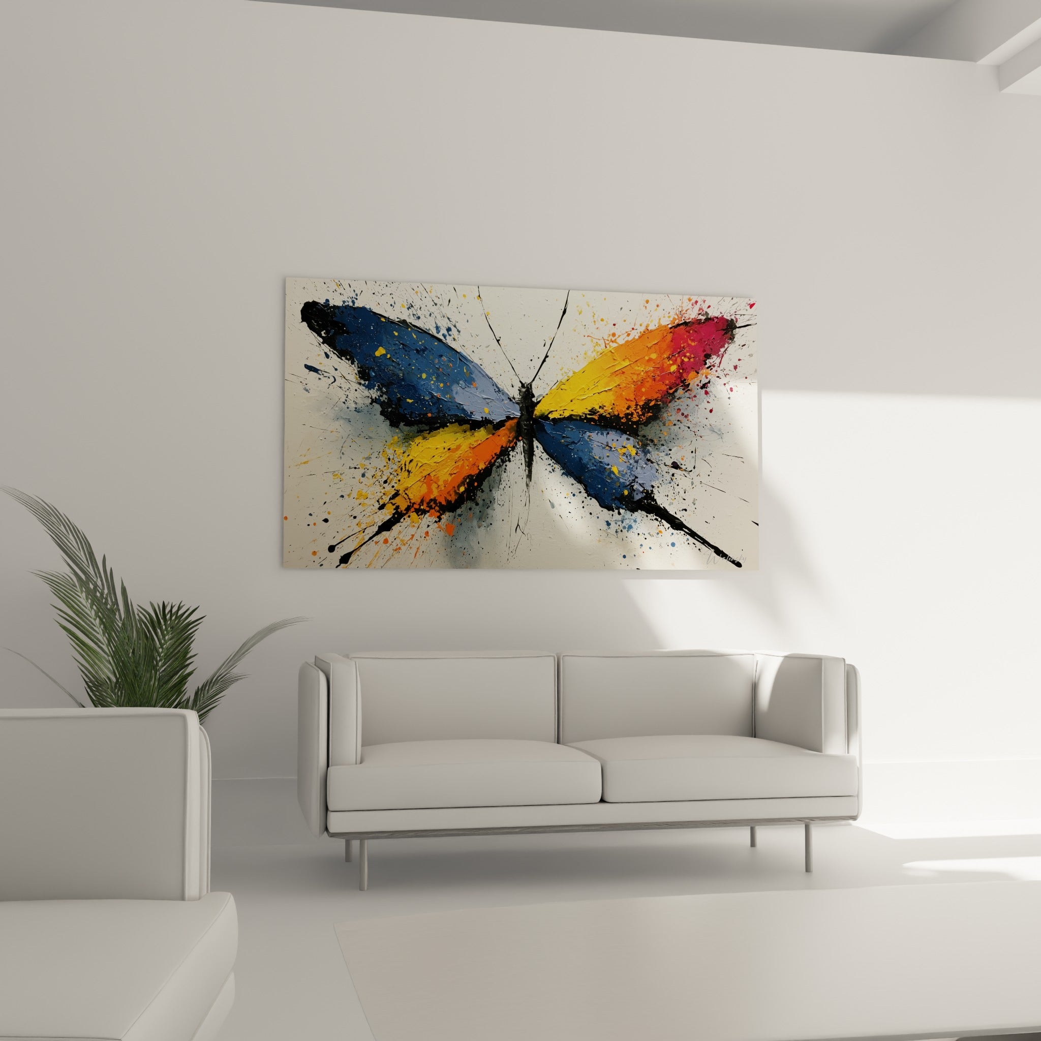 Motif de papillon orangé et bleu ardoise à la matière épaisse, au-dessus d'un canapé dans un salon lumineux