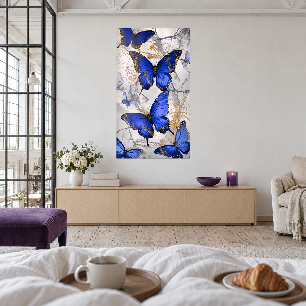 Tableau lépidoptères indigo marbrés d'or sur fond perle, dessins anatomiques cuivrés, au-dessus d'un lit dans une chambre claire