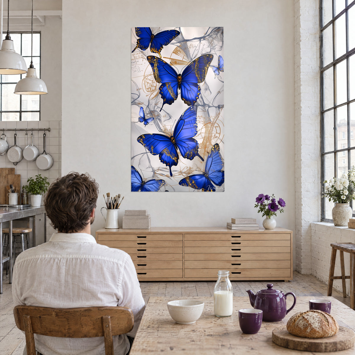 Tableau nuée de papillons bleu outremer tachés d'or, traits gris et ocre, mur de briques blanches face à une table dressée