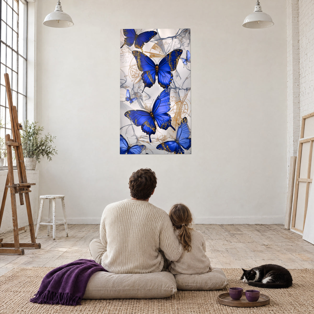 Tableau envol de papillons cobalt, écailles d'or et croquis bruns, mur immaculé d'un atelier-loft avec chevalet et chat