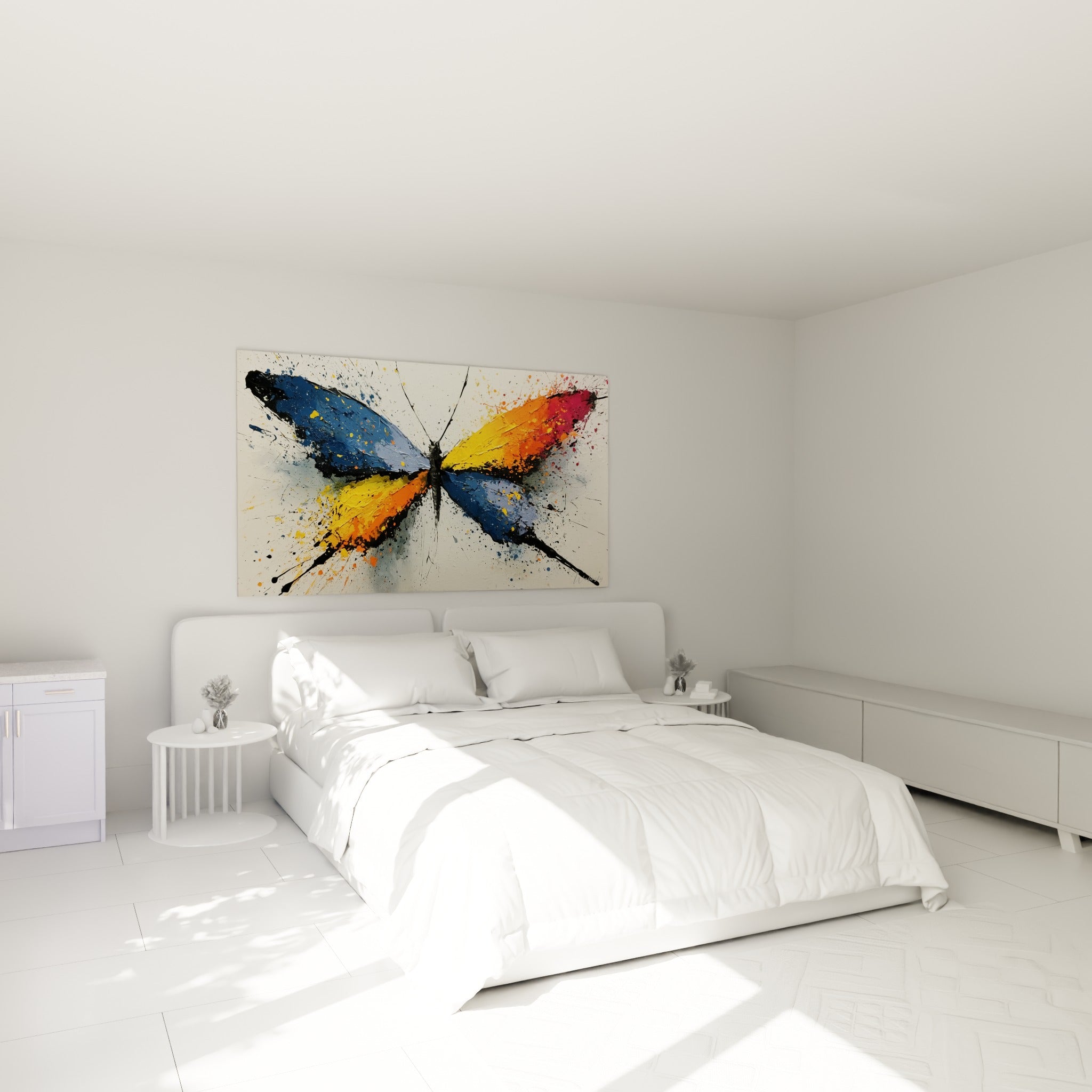 Ailes de papillon bleu pastel et doré peintes en éclaboussures, au-dessus d'un lit dans une chambre claire