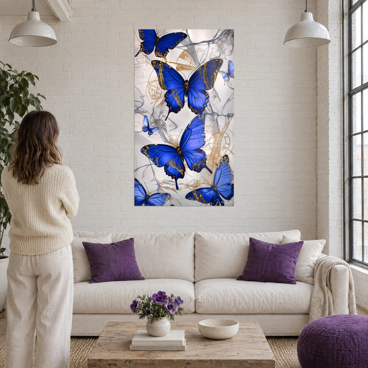 Tableau papillons cobalt aux ailes dorées, croquis ocre sur fond ivoire, au-dessus d'un canapé dans un salon lumineux