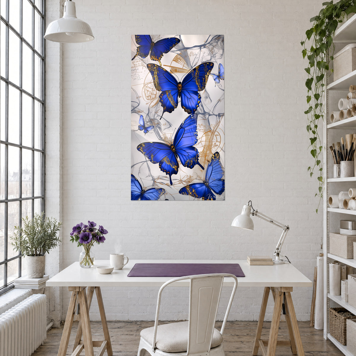 Tableau cinq papillons bleu saphir aux reflets dorés, griffonnages cuivre, au-dessus d'un bureau blanc près d'une lampe