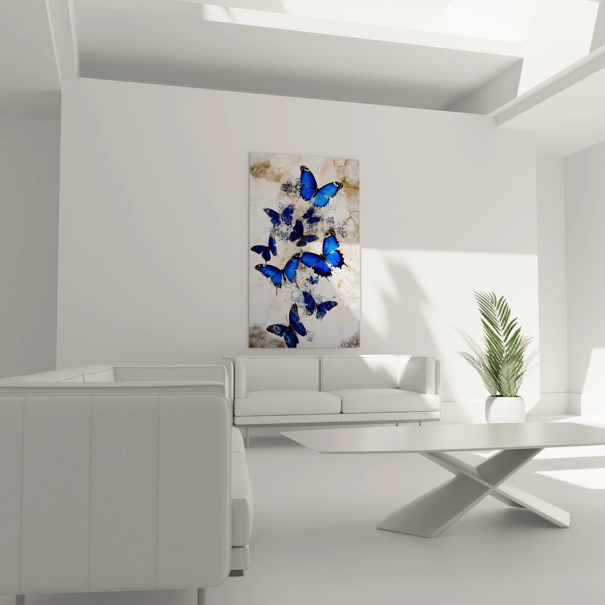 Tableau papillon Walensky avec papillons bleus sur fond clair accroché dans salon moderne