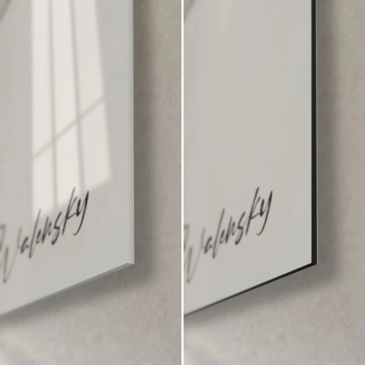 Gemälde mit Schmetterlingsporträt, untere rechte Ecke: Signatur Walensky in Schwarz, glänzendes Acrylglas und mattgraues Dibond, 3 mm Kante