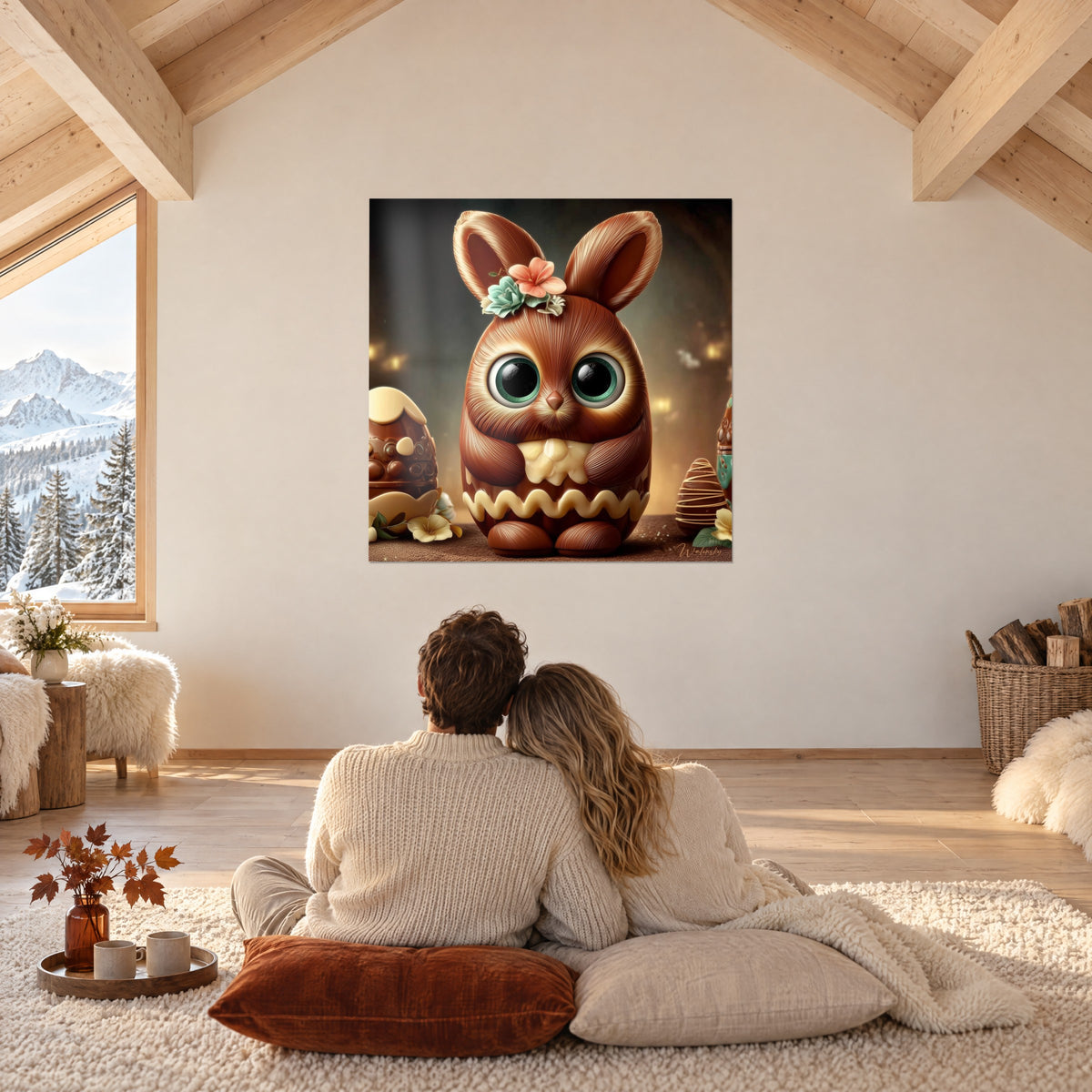 Quadro coniglio cacao dai grandi occhi smeraldo, bouquet rosa e turchese sulla testa, appeso sotto la travatura bionda di uno chalet innevato