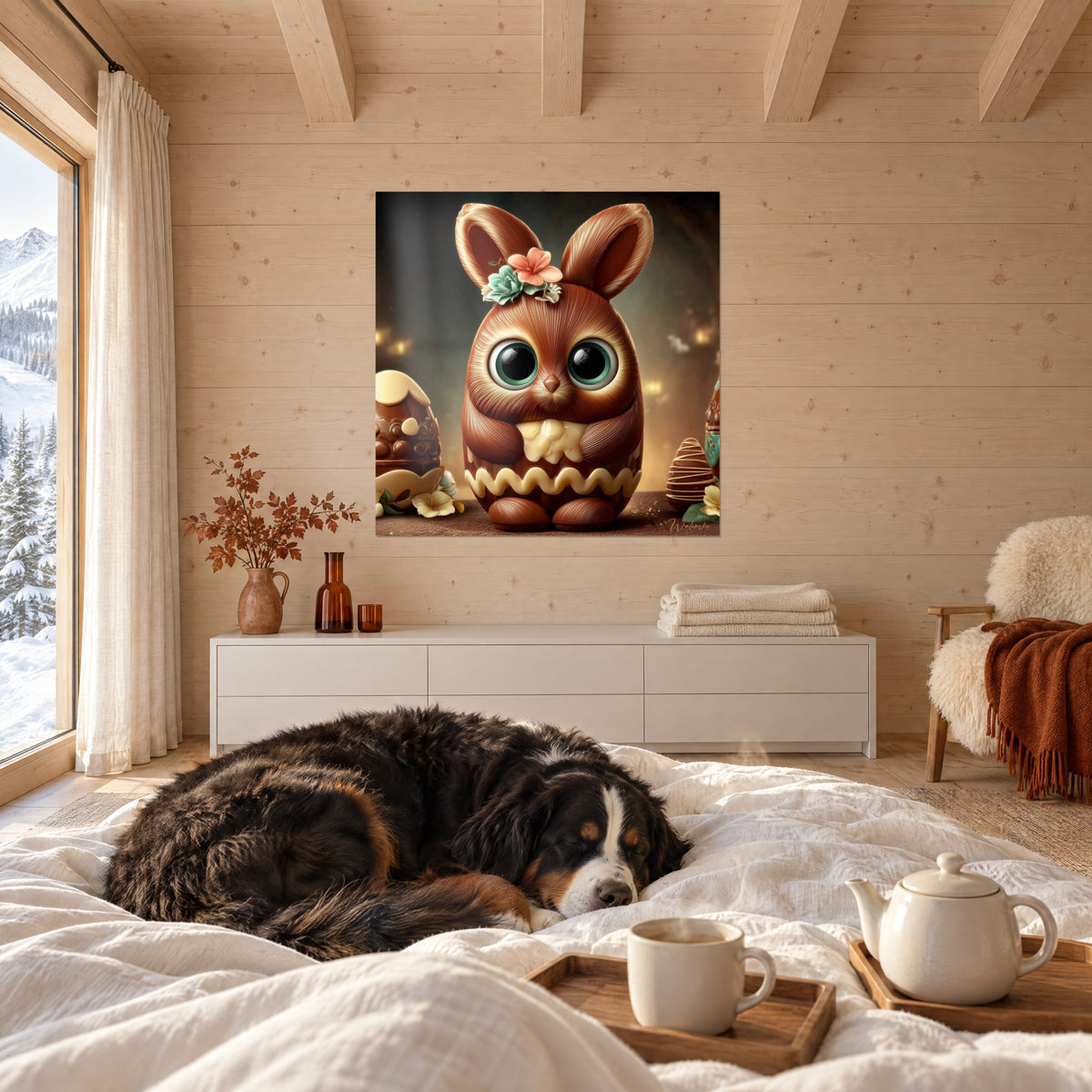 Quadro piccolo coniglietto al cioccolato, pupille nere cerchiate di verde e pelo ramato, sopra un letto in una camera luminosa