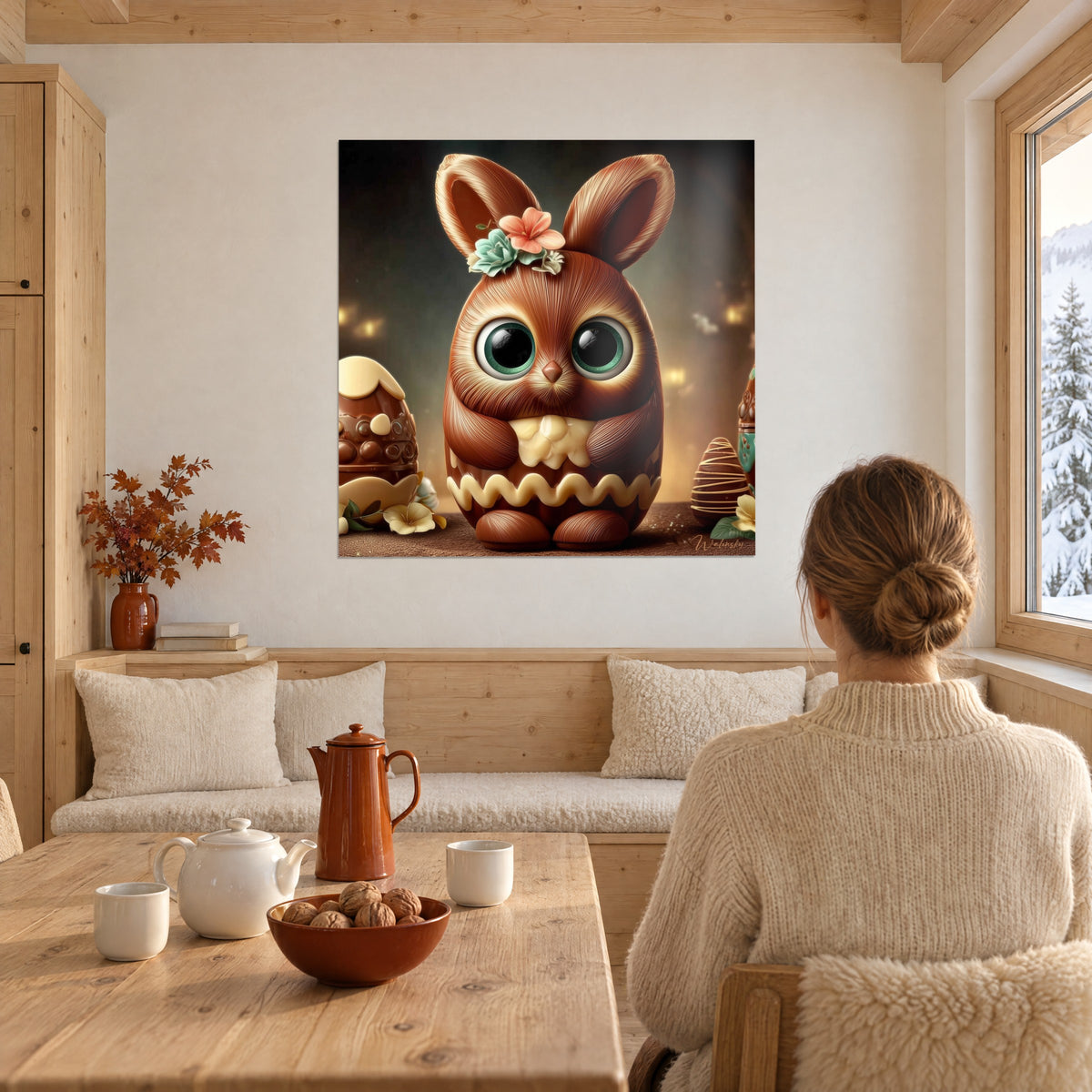 Quadro personaggio al cioccolato dagli occhi verde acqua, fiori corallo e menta sull'orecchio, uova dorate sullo sfondo, parete bianca dello chalet