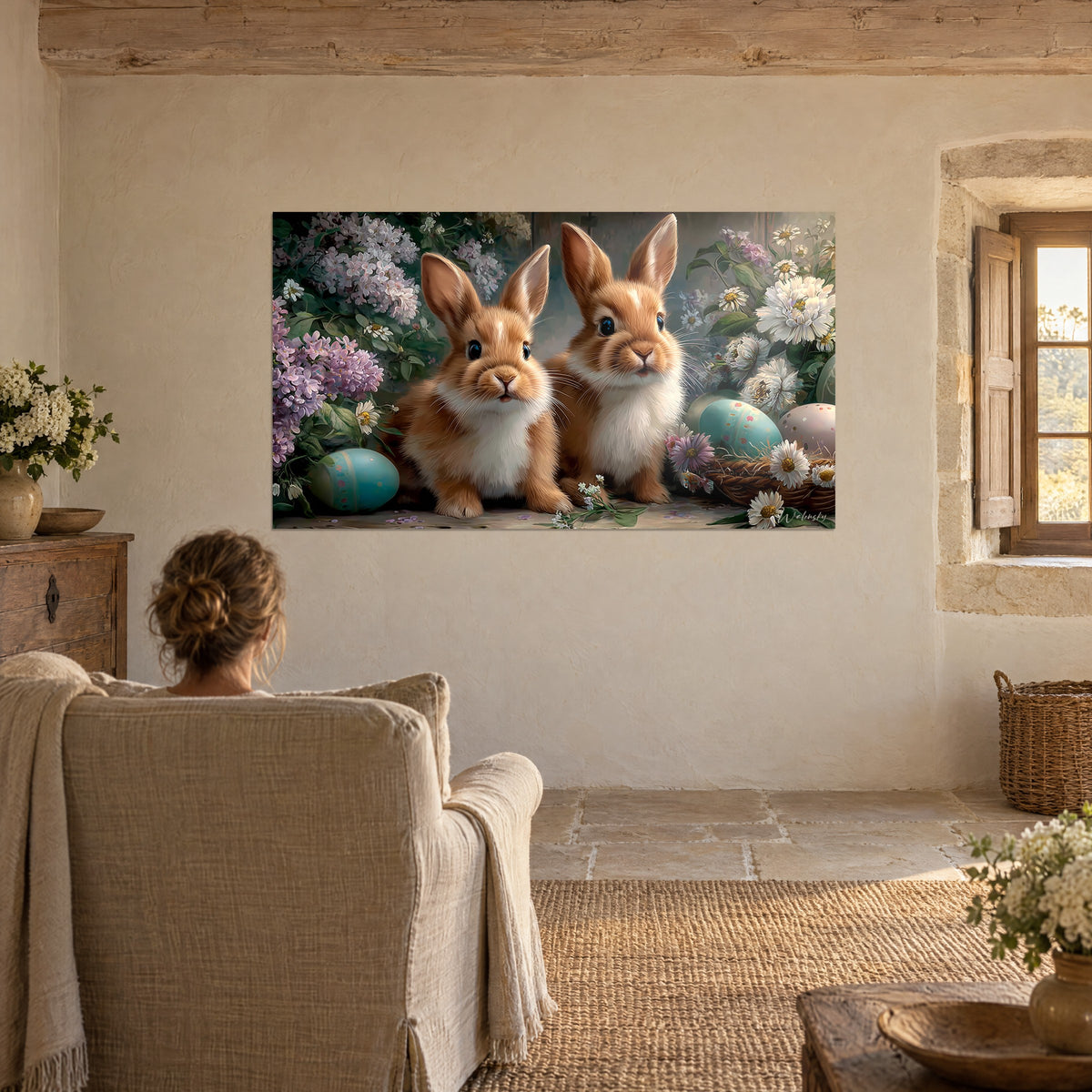 Quadro coppia di conigli castani su uno sfondo di fiori lilla e uova turchesi, di fronte a una persona di spalle su una poltrona beige