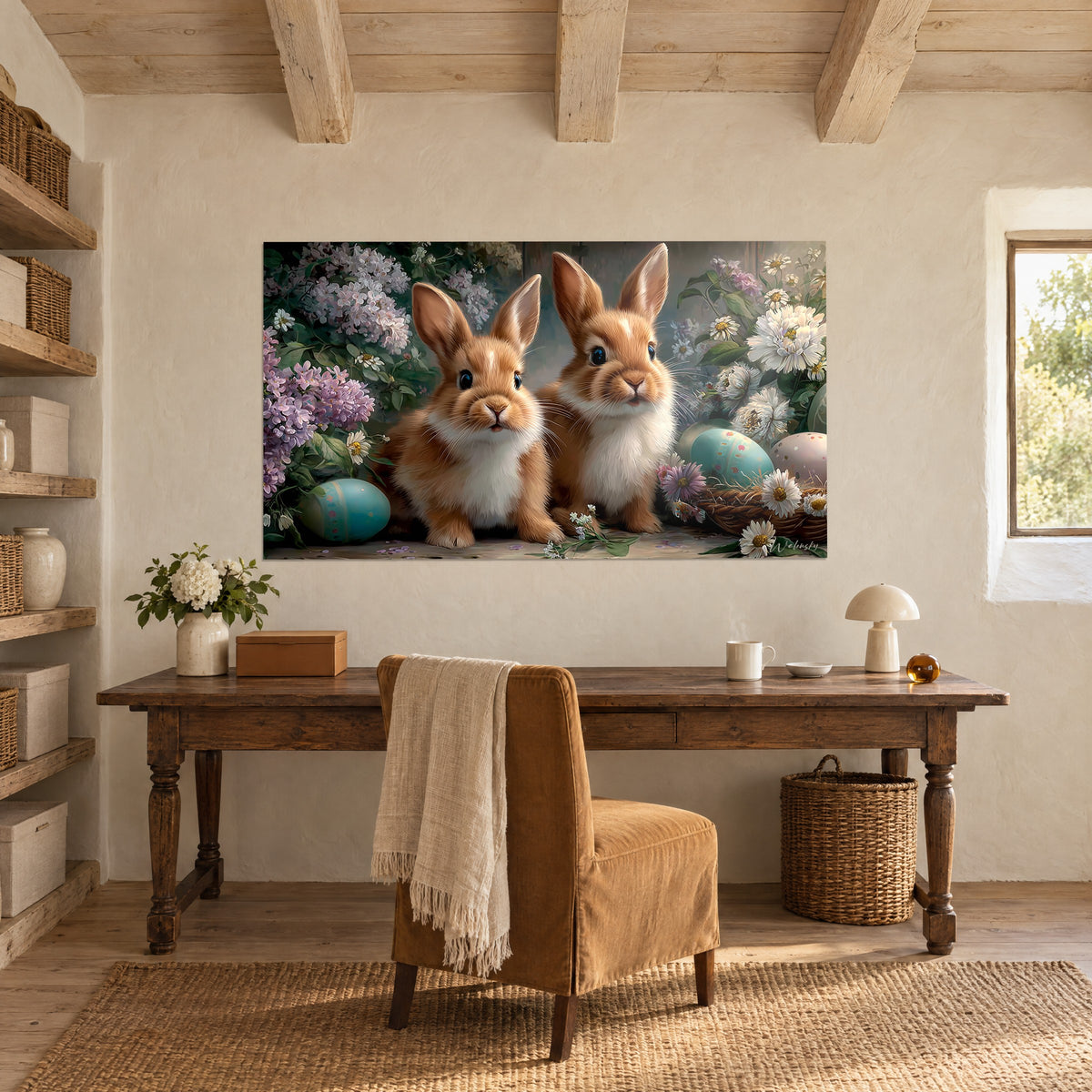 Quadro duo di conigli ramati e bianchi, fiori porpora e uova pastello, sulla parete di uno studio in legno grezzo con pareti color crema