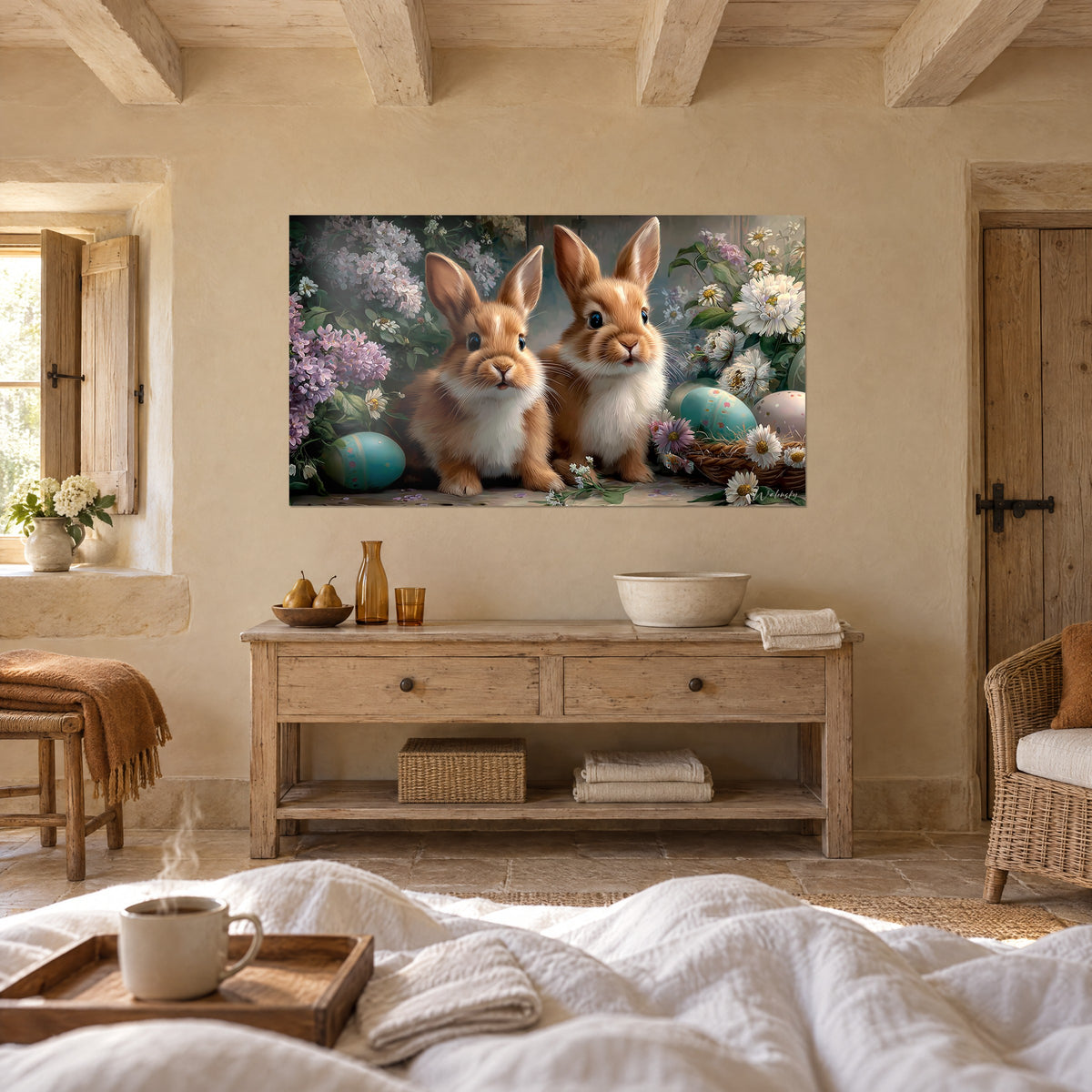 Quadro piccoli conigli dagli occhi neri e pelo caramello tra lillà viola e margherite color crema, sopra un letto in una camera luminosa