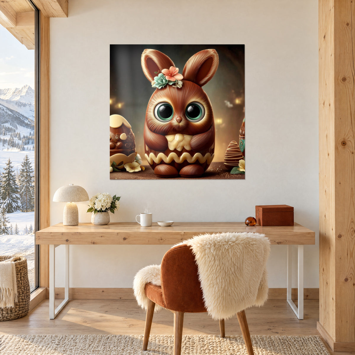 Quadro mascotte pasquale marrone ramato, pancia color crema e zampe tonde, uova di cioccolato in bokeh dorato, di fronte a una scrivania in legno chiaro