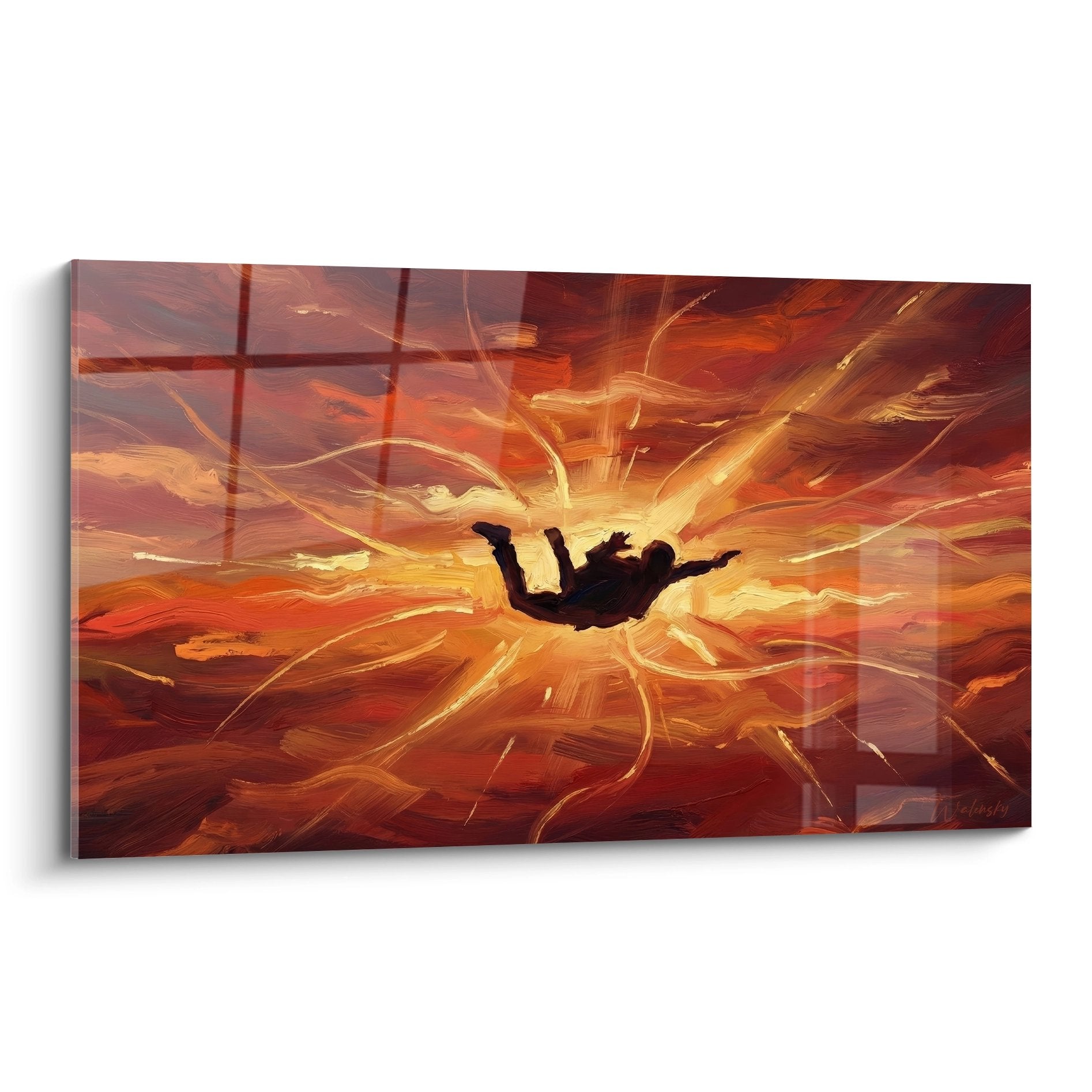 Tableau parachutiste chute libre silhouette noire tourbillon orange rouge flammes couleurs chaudes edition parachute