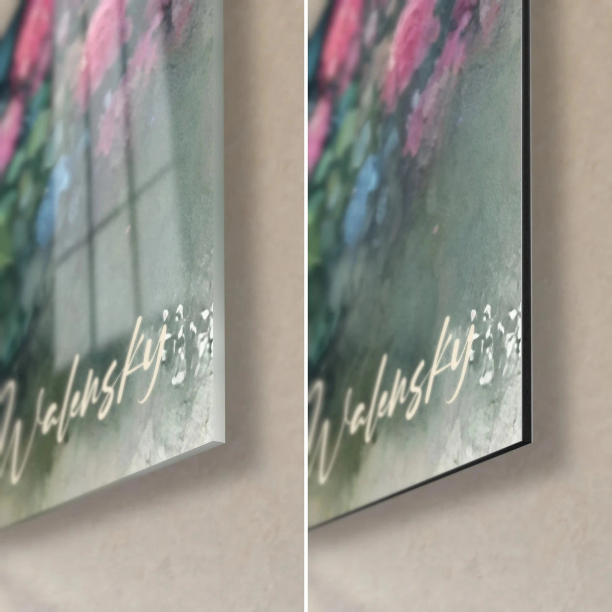 Gemälde Rosenportal mit fuchsiafarbenen Rosen und smaragdgrünem Laub, untere rechte Ecke aus glänzendem Glas und mattem Alu-Dibond, 3 mm Stärke