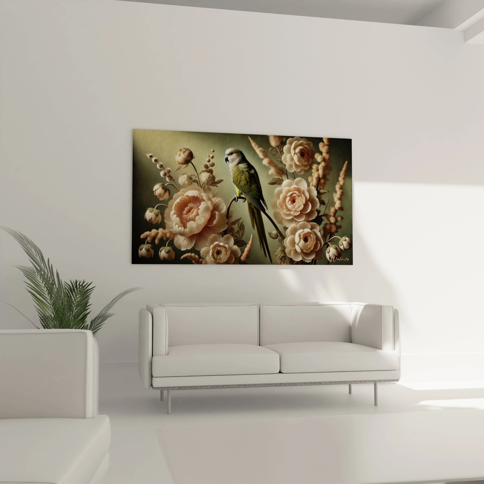 Parfaitement place au-dessus du canapé, ce tableau perroquet enrichit la decoration de votre salon, offrant un melange harmonieux de nature et de sophistication pour une touche d’elegance.

