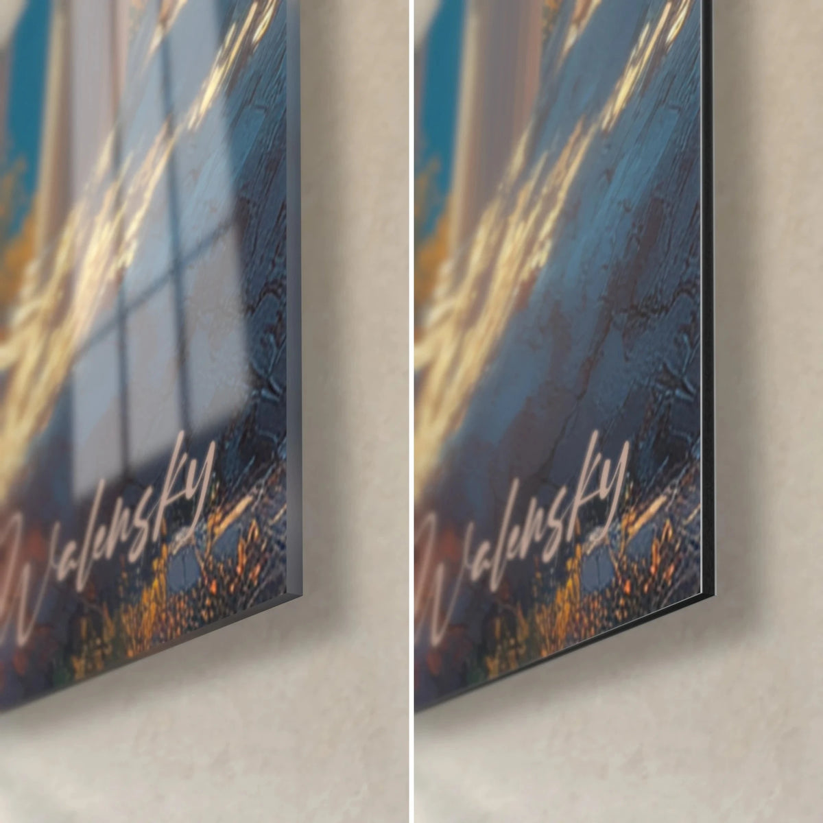 Wall art of ancient columns bathed in light, bottom right corner in glossy acrylic glass and matte Dibond, 3 mm thick