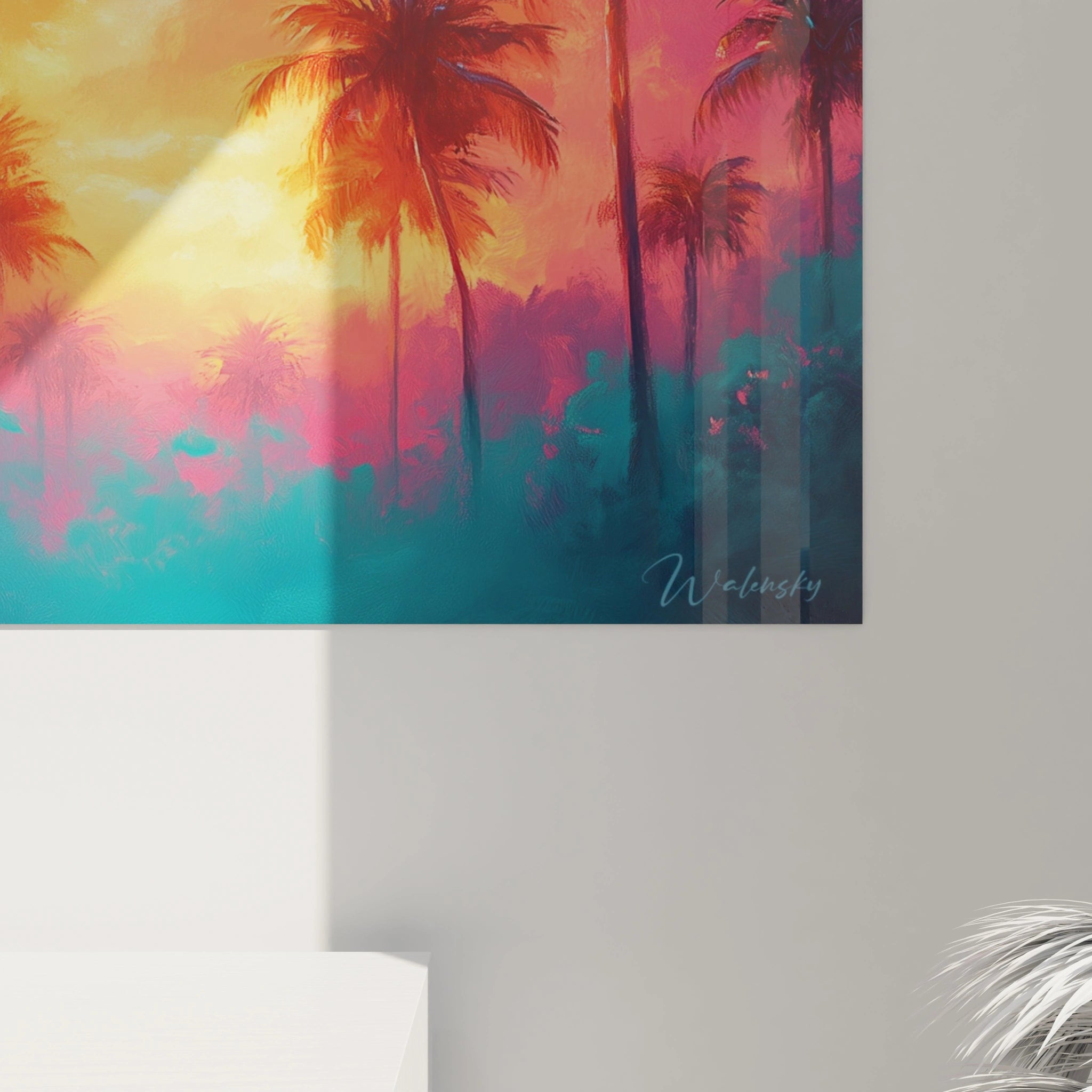 Un tableau coucher de soleil exotique capturant la silhouette de palmiers sur un fond aux teintes éclatantes de rose, orange et bleu turquoise, offrant une représentation vibrante et onirique d'un paysage tropical au crépuscule avec des transitions chromatiques harmonieuses.

