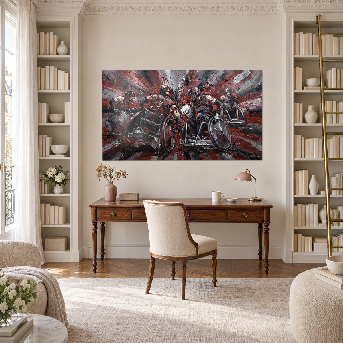 Tableau mêlée de rugby fauteuil en peinture épaisse, rouge brique et noir, au-dessus d'un bureau en bois et d'une bibliothèque