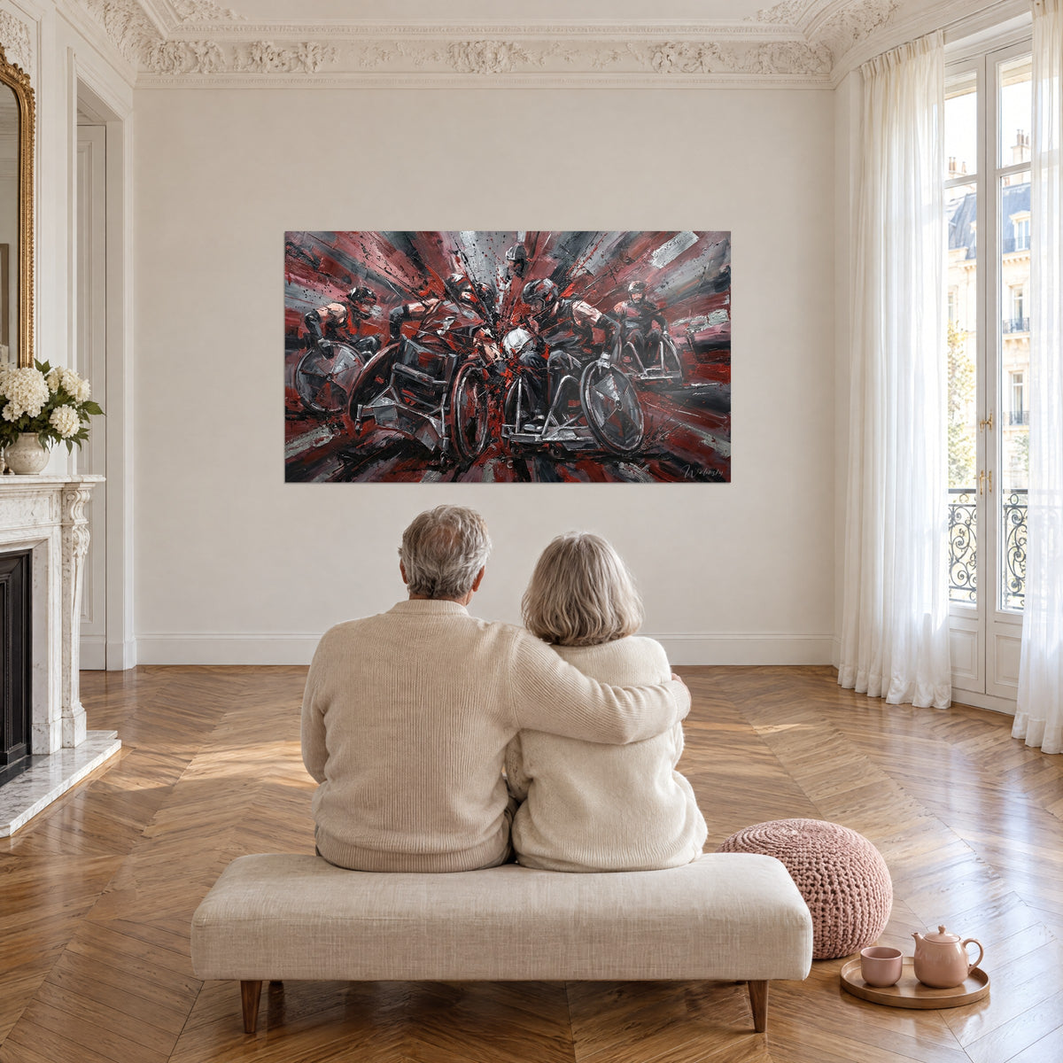 Tableau duel handisport explosif, impacts écarlates sur fond gris charbon, face à un couple assis sur un banc, salon haussmannien