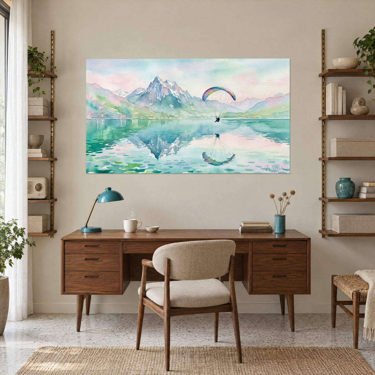 Gemälde einer alpinen Landschaft in Aquarelltechnik, lila schneebedeckter Gipfel und smaragdgrüner See, Gleitschirm im Flug, über einem Holzschreibtisch und einer türkisfarbenen Lampe