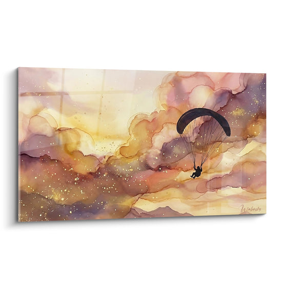 Cuadro de Parapente en Cielo Dorado con Nubes Rosas y Violetas - Libertad Celeste - Edición Parapente