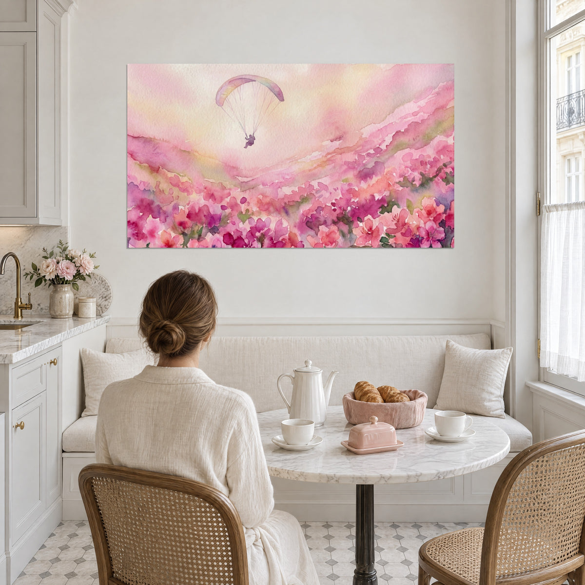 Cuadro ala de parapente iridiscente en un cielo albaricoque, océano de flores rosa empolvado y ciruela, pared blanca de cocina con mesa redonda de mármol