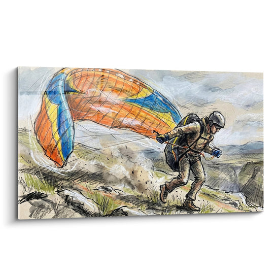 Cuadro Piloto de Parapente Naranja y Azul Corriendo Sobre Terreno Rocoso - Libertad de las Cumbres - Edición Parapente