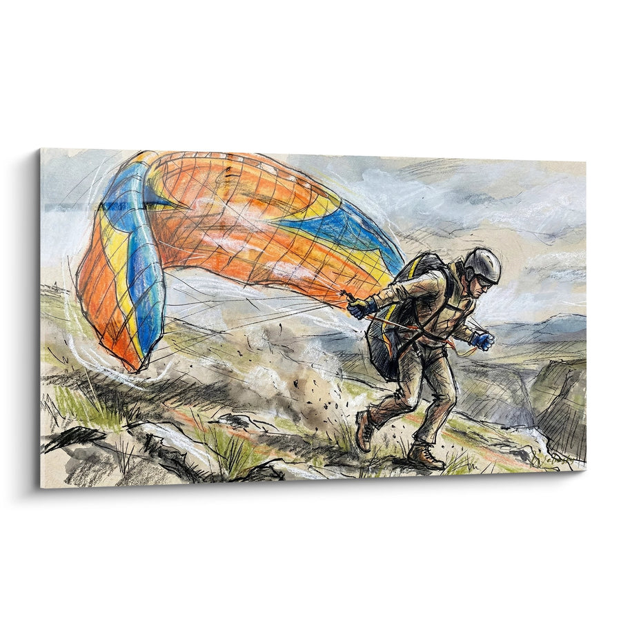 Tableau Pilote Parapentiste Orange et Bleu Courant sur Terrain Rocheux - Liberté des Cimes - Edition Parapente