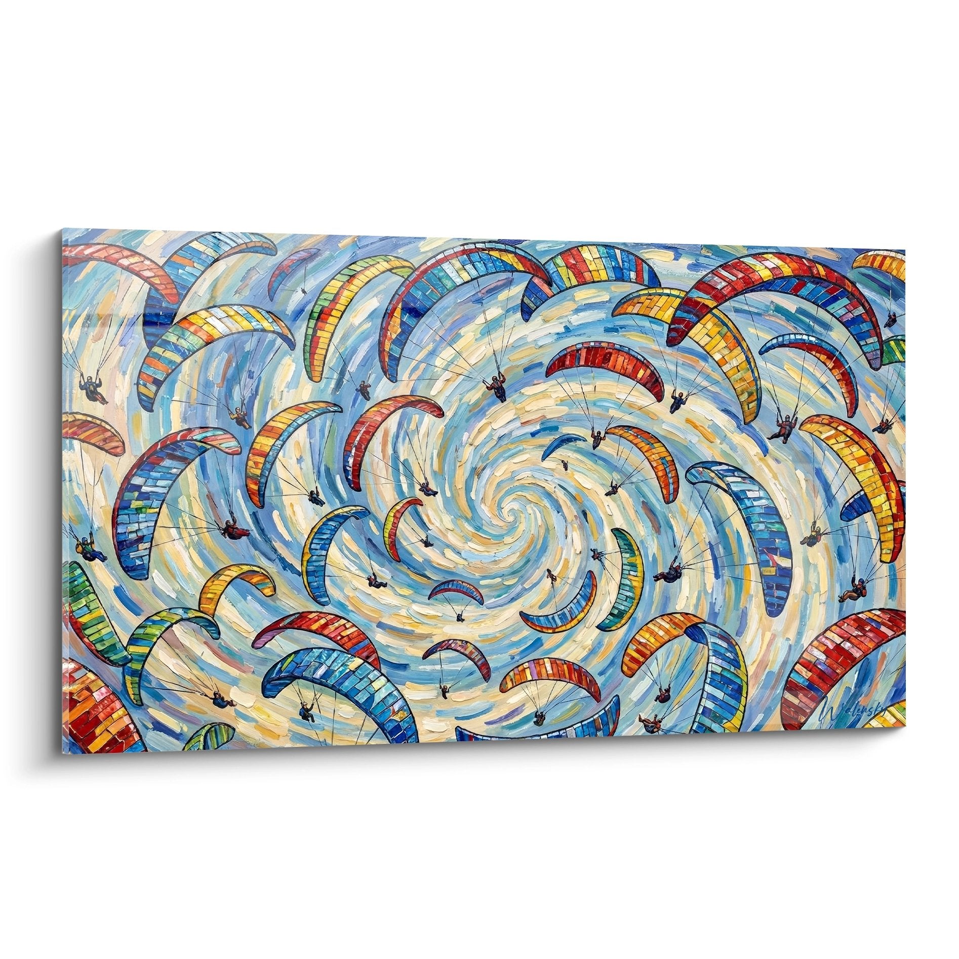 Tableau tourbillon spirale parapentes multicolores rouge bleu orange mouvement hypnotique art mural moderne
