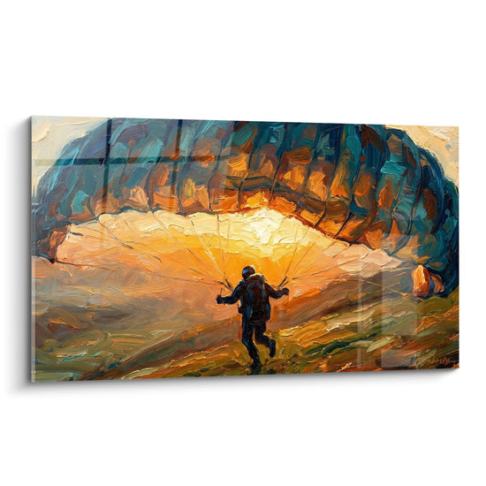 Cuadro de Parapentista Iluminado en Cueva con Reflejos Naranja y Turquesa - Escape Místico - Edición Parapente