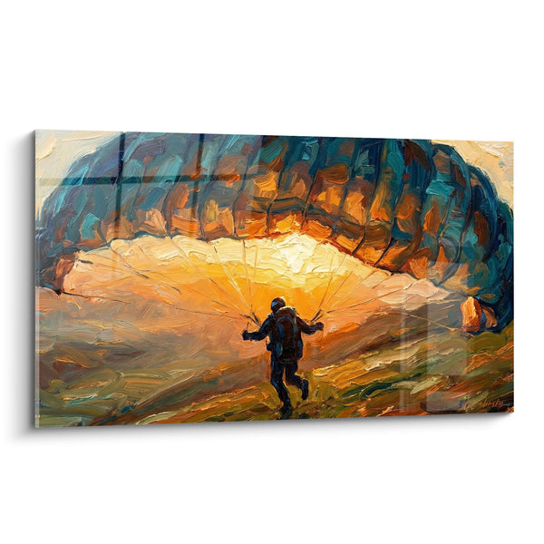 Cuadro de Parapentista Iluminado en Cueva con Reflejos Naranja y Turquesa - Escape Místico - Edición Parapente