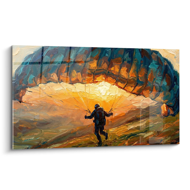 Tableau Parapentiste Illuminé dans Grotte aux Reflets Orangés et Turquoise - Évasion Mystique - Edition Parapente