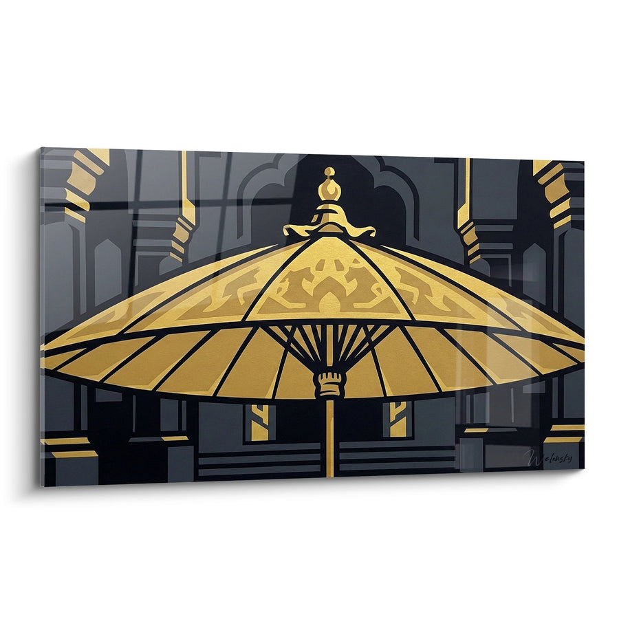 Tableau Parasol Doré aux Motifs Ornementaux dans Architecture Traditionnelle - Sérénité Spirituelle - Edition Temple bouddhiste