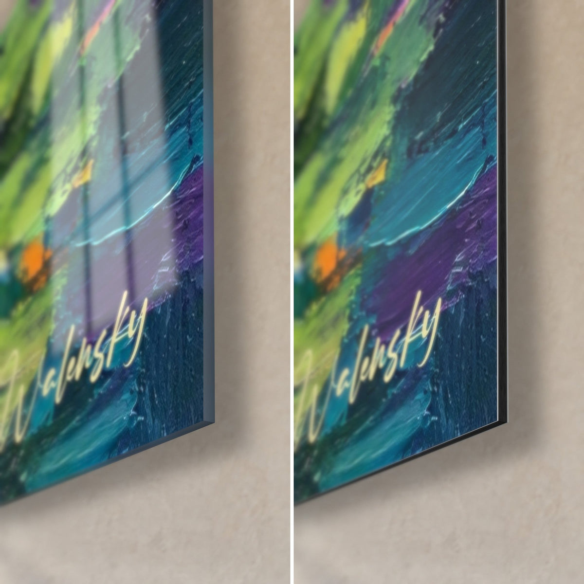 Schilderij voetbrug met balusters, gouden handtekening rechtsonder op turquoise en violette wateren, glanzend glas en mat Dibond