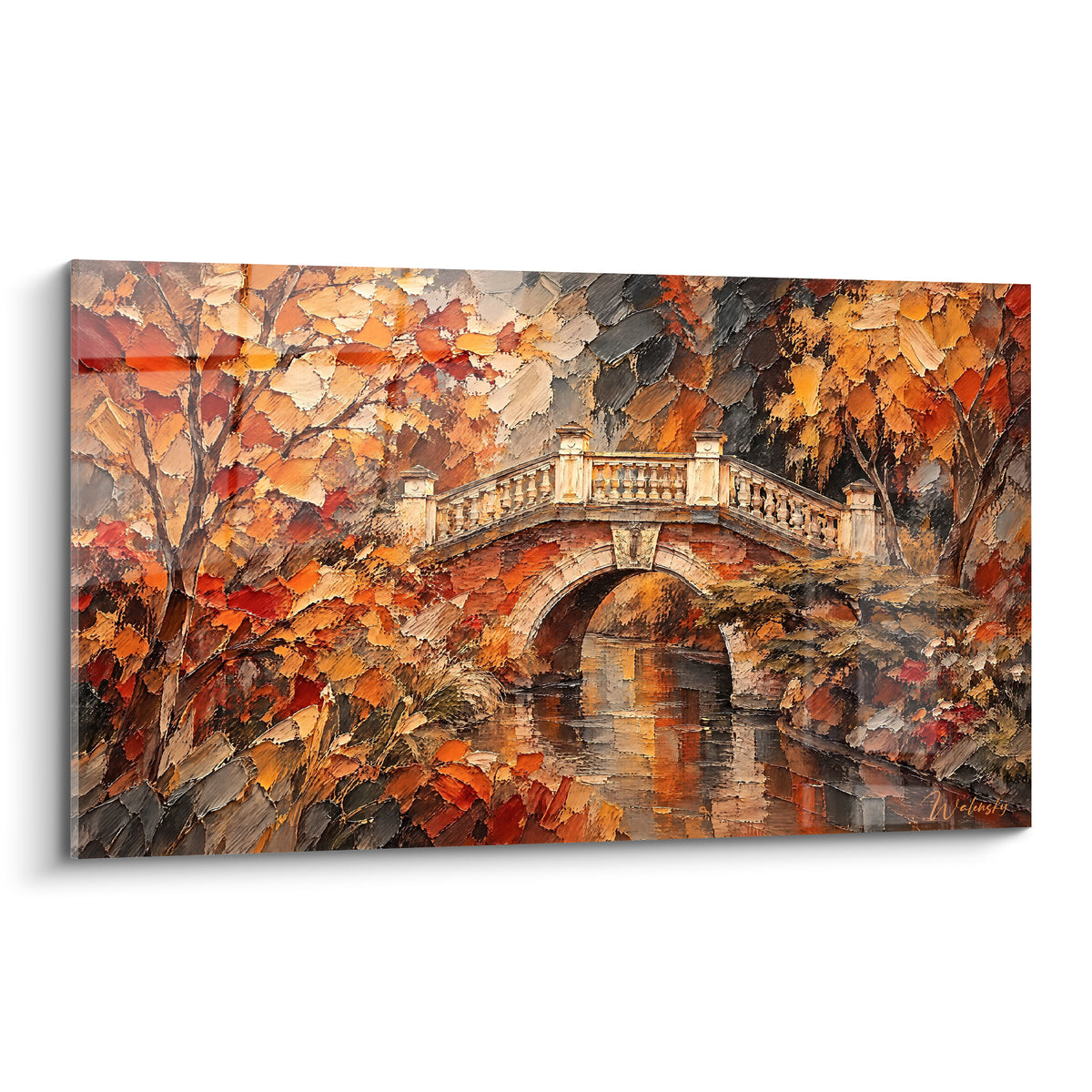 Pont en pierre entouré d'un feuillage orange et ocre, traitement pictural au couteau épais