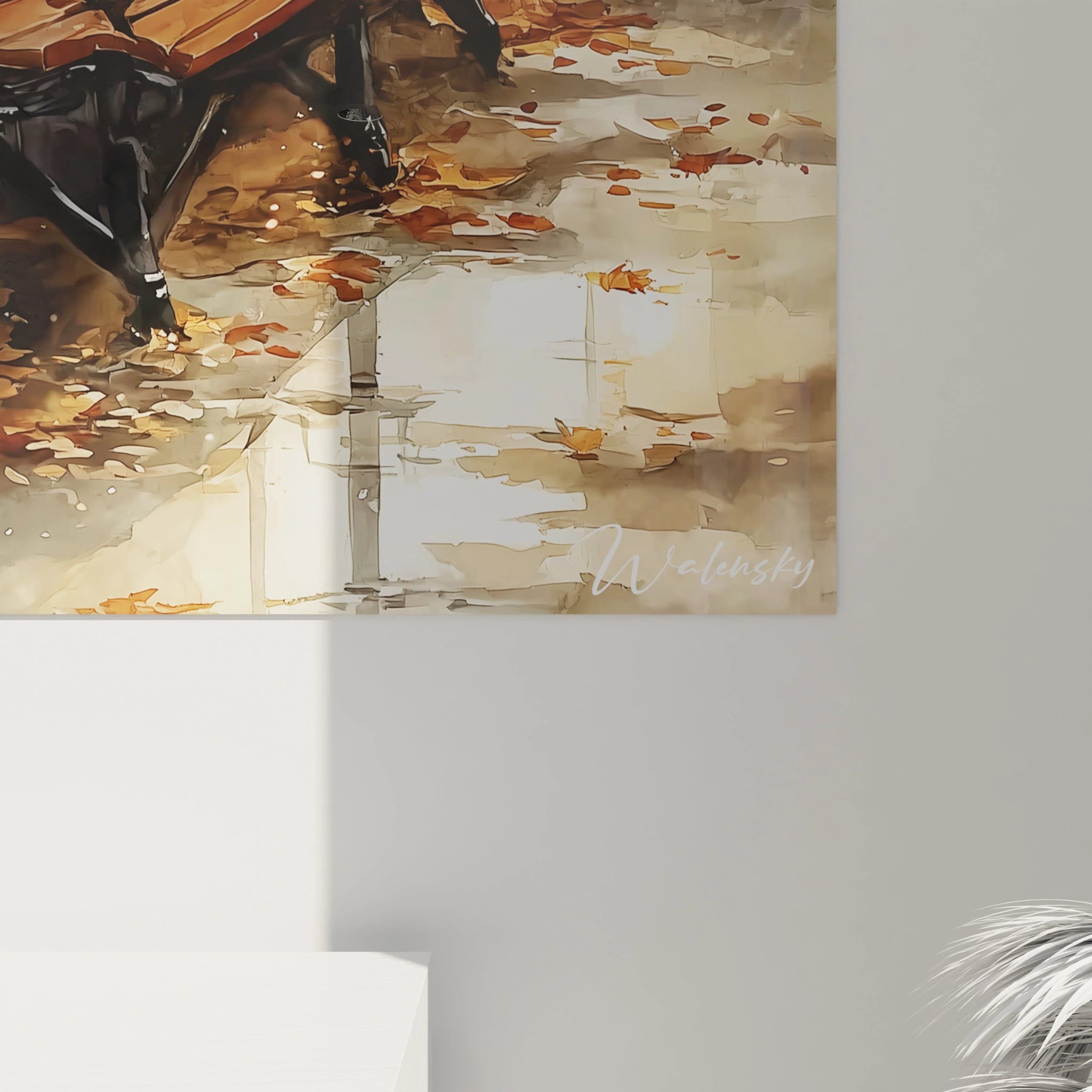 tableau mural automne haut de gamme Walensky montrant un banc en bois et feuilles mortes reflétées dans une flaque d eau