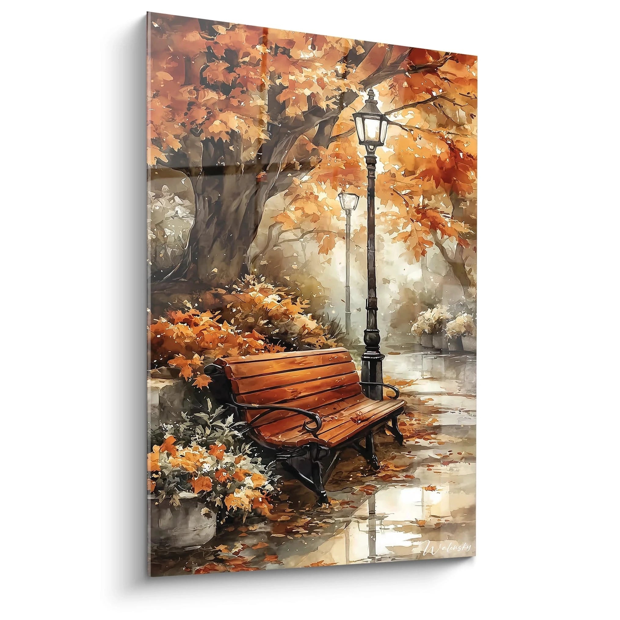 Walensky tableau mural automne haut de gamme représentant un banc en bois sous un lampadaire dans un parc automnal peint
