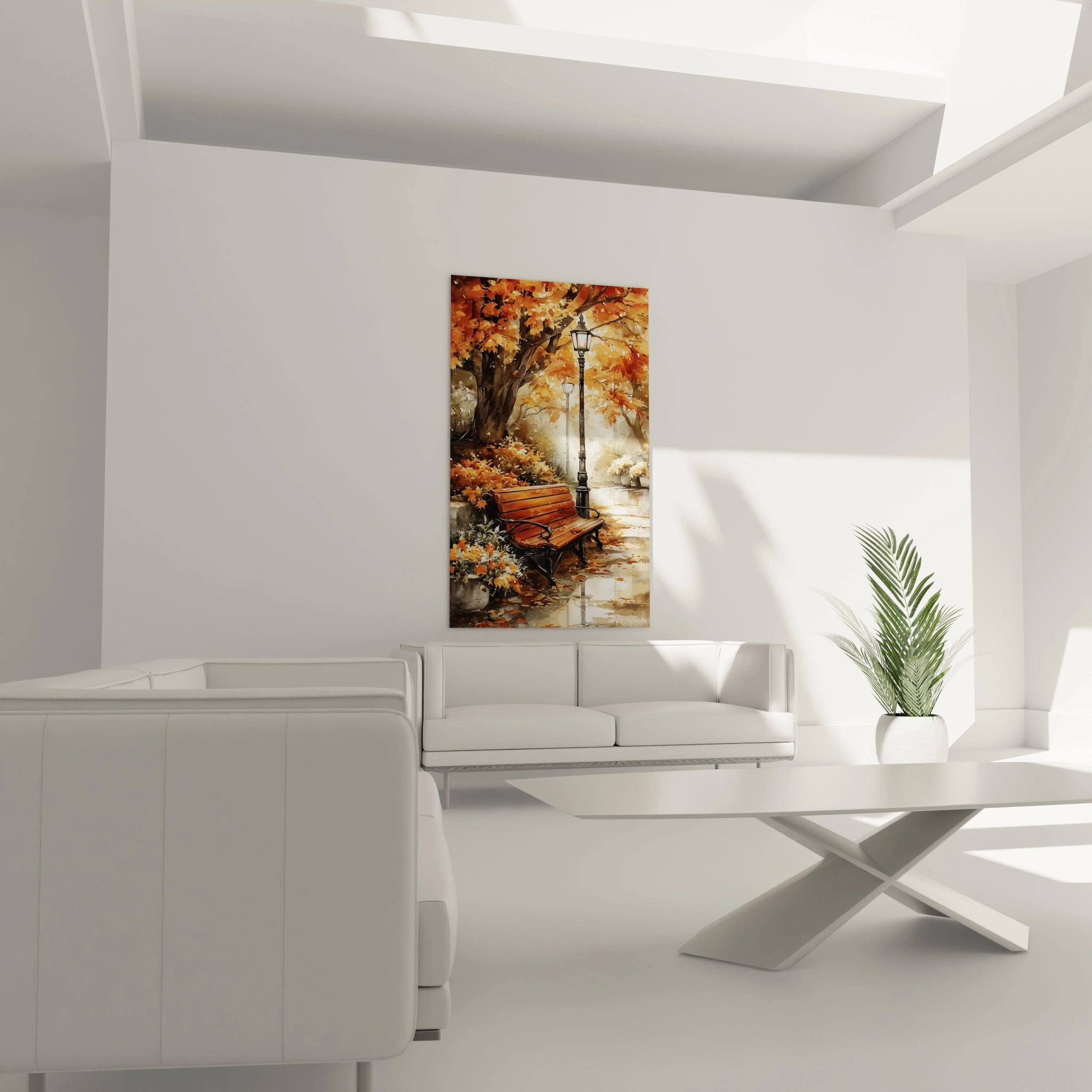 tableau mural automne haut de gamme Walensky montrant banc et lampadaire automnal dans salon blanc moderne