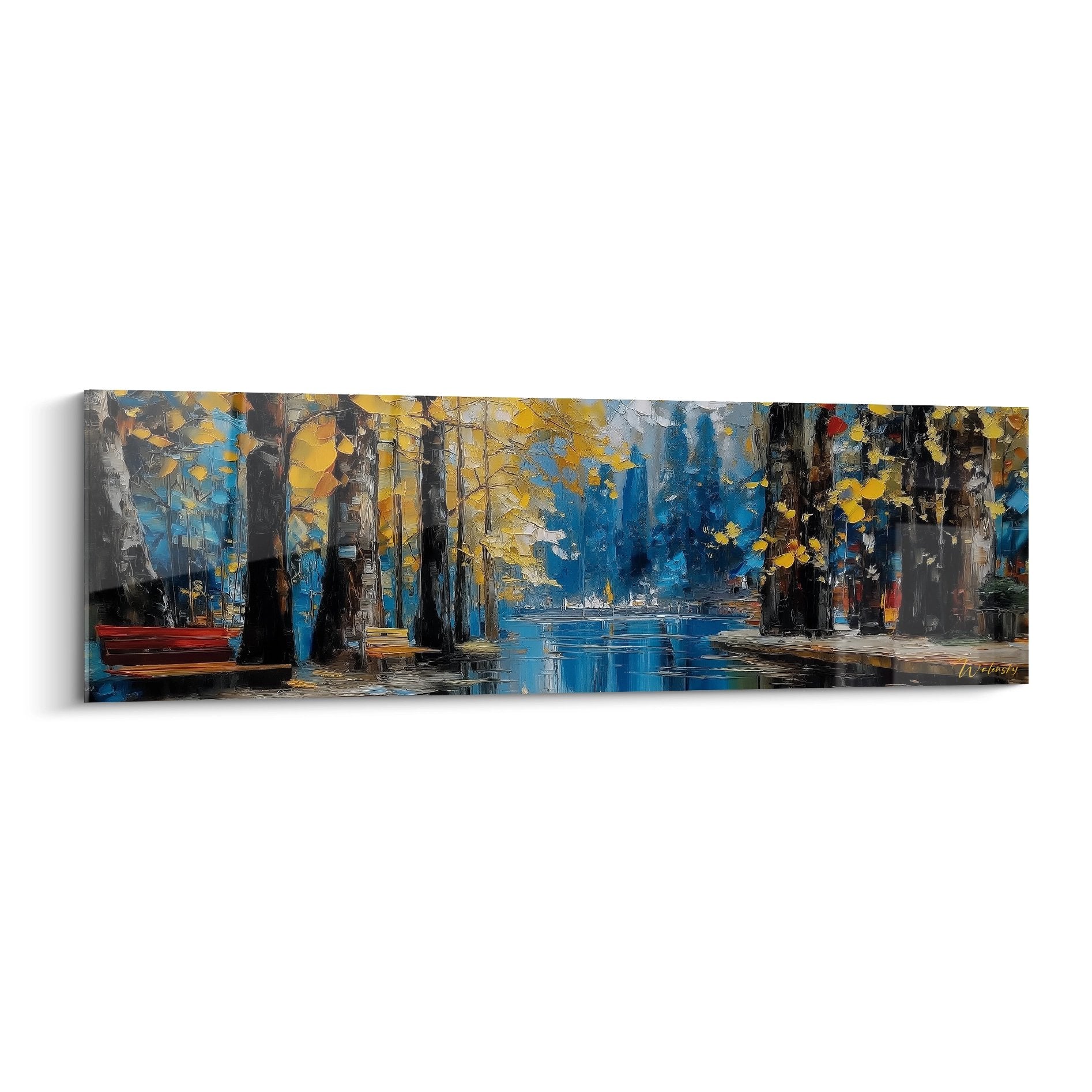 Tableau parc urbain automnal avec arbres dorés et reflets sur chemin mouillé - décoration murale forêt