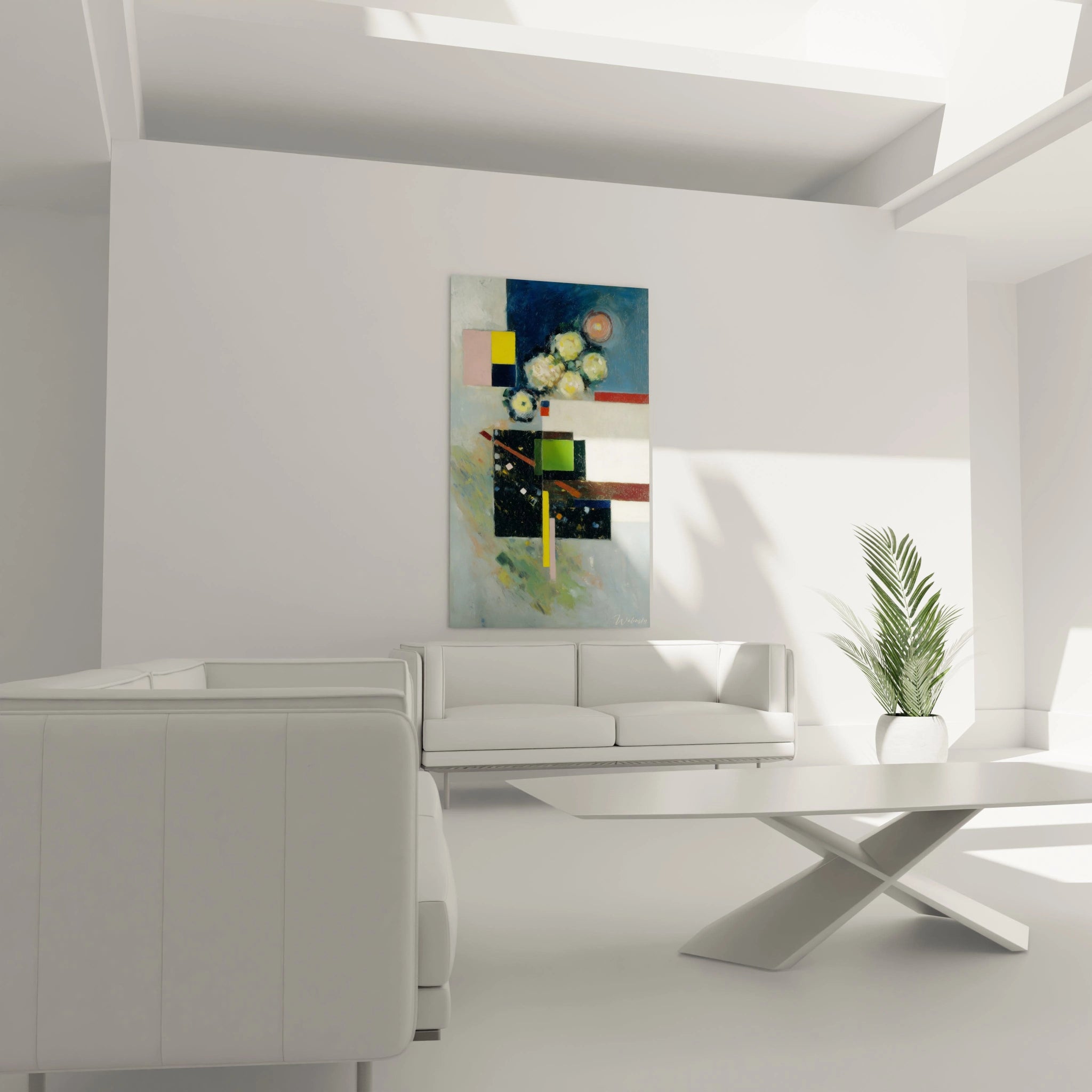 Tableau mural Walensky tableau dadaïste moderne portrait féminin ancien accroché au dessus un canapé blanc minimaliste