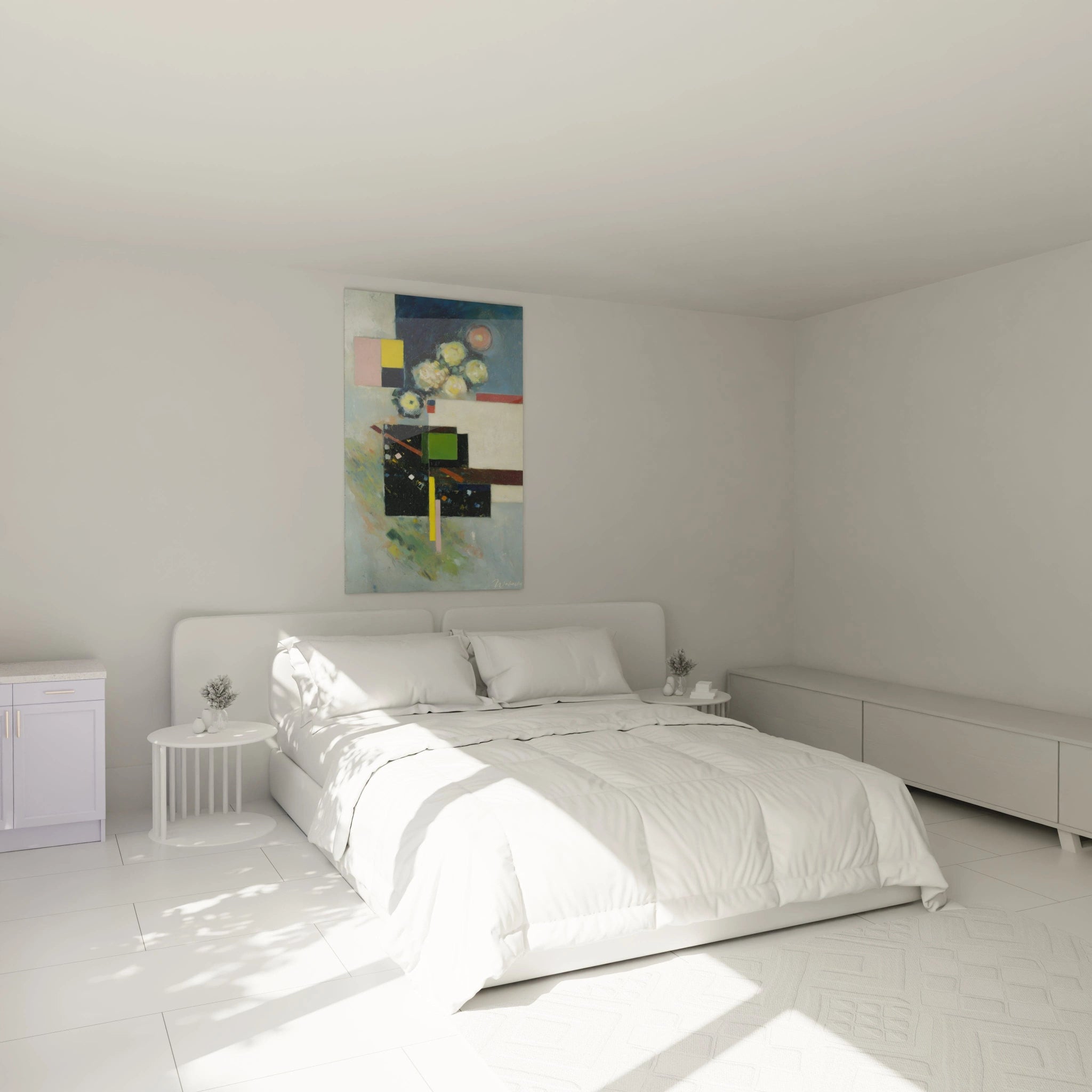 tableau dadaïste moderne Walensky accroché au dessus du lit blanc dans une chambre minimaliste lumineuse