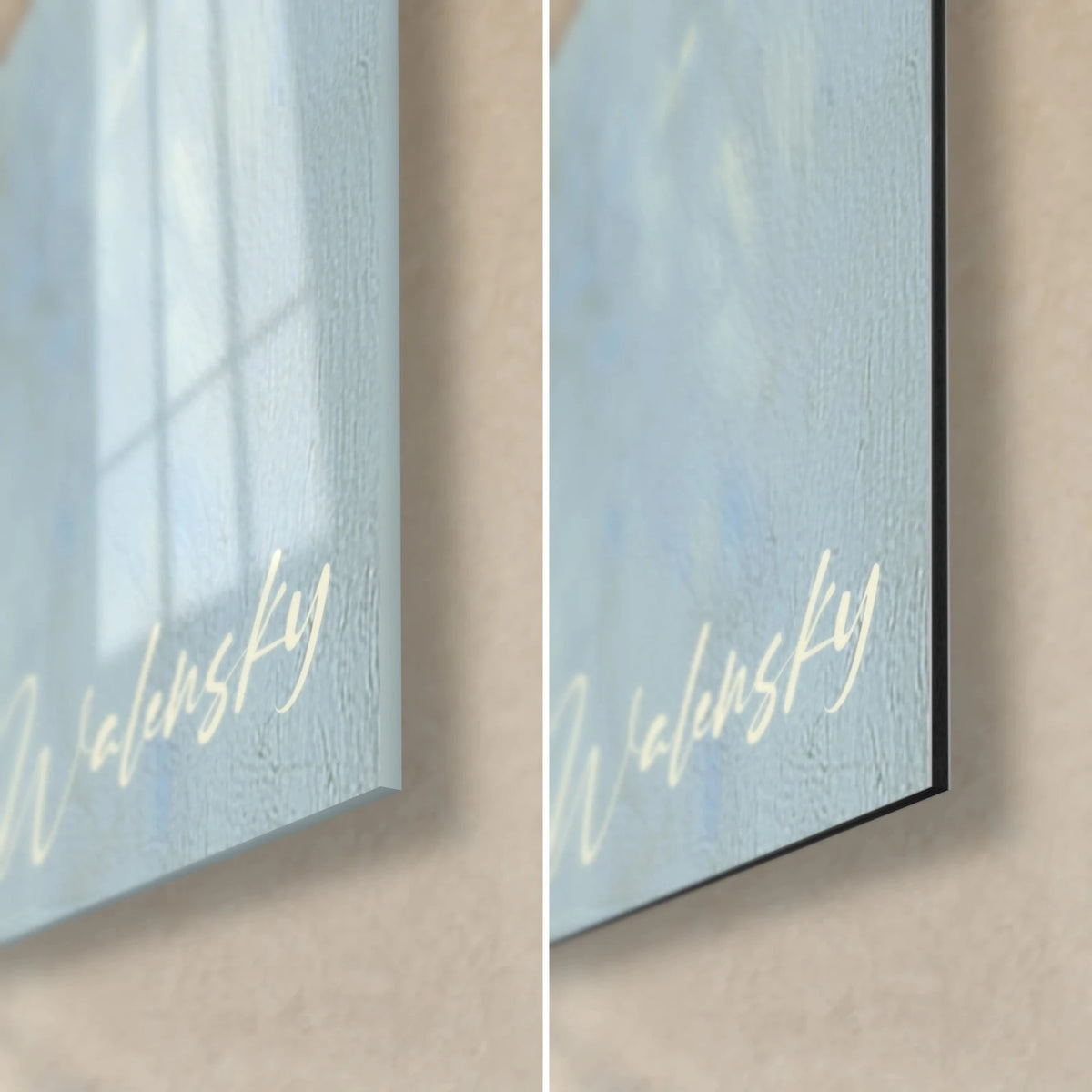 Gemälde cremefarbene Blumen auf Marineblau, untere rechte Ecke links in glänzendem Acrylglas und matt Dibond-Aluminium, 3 mm Kante
