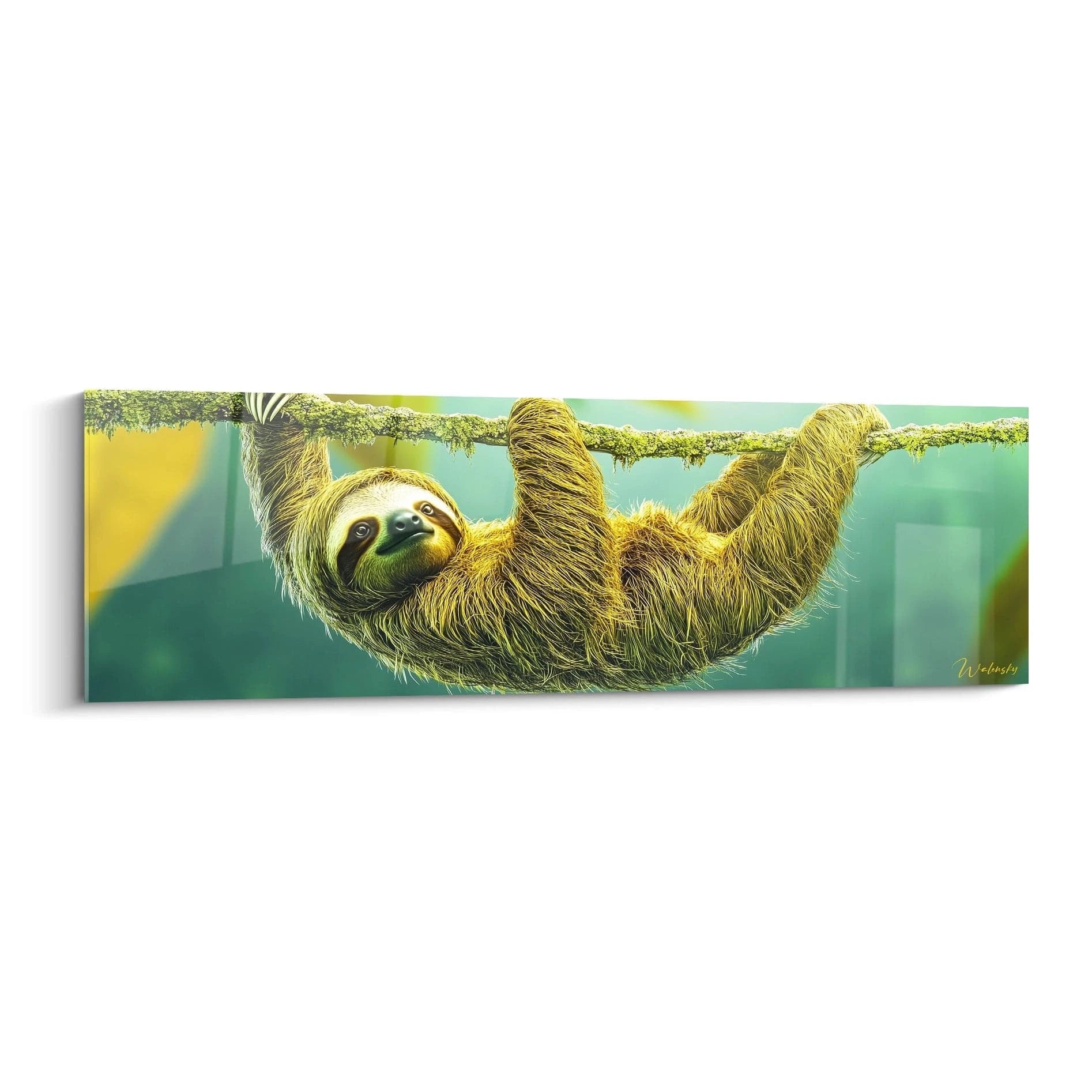 Tableau paresseux Walensky avec illustration d'un paresseux suspendu à une branche dans un décor naturel