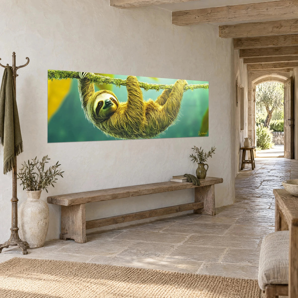 Schilderij zoogdier met lange klauwen dat ondersteboven hangt, gouden vacht op jadegroene achtergrond, gewelfde stenen gang