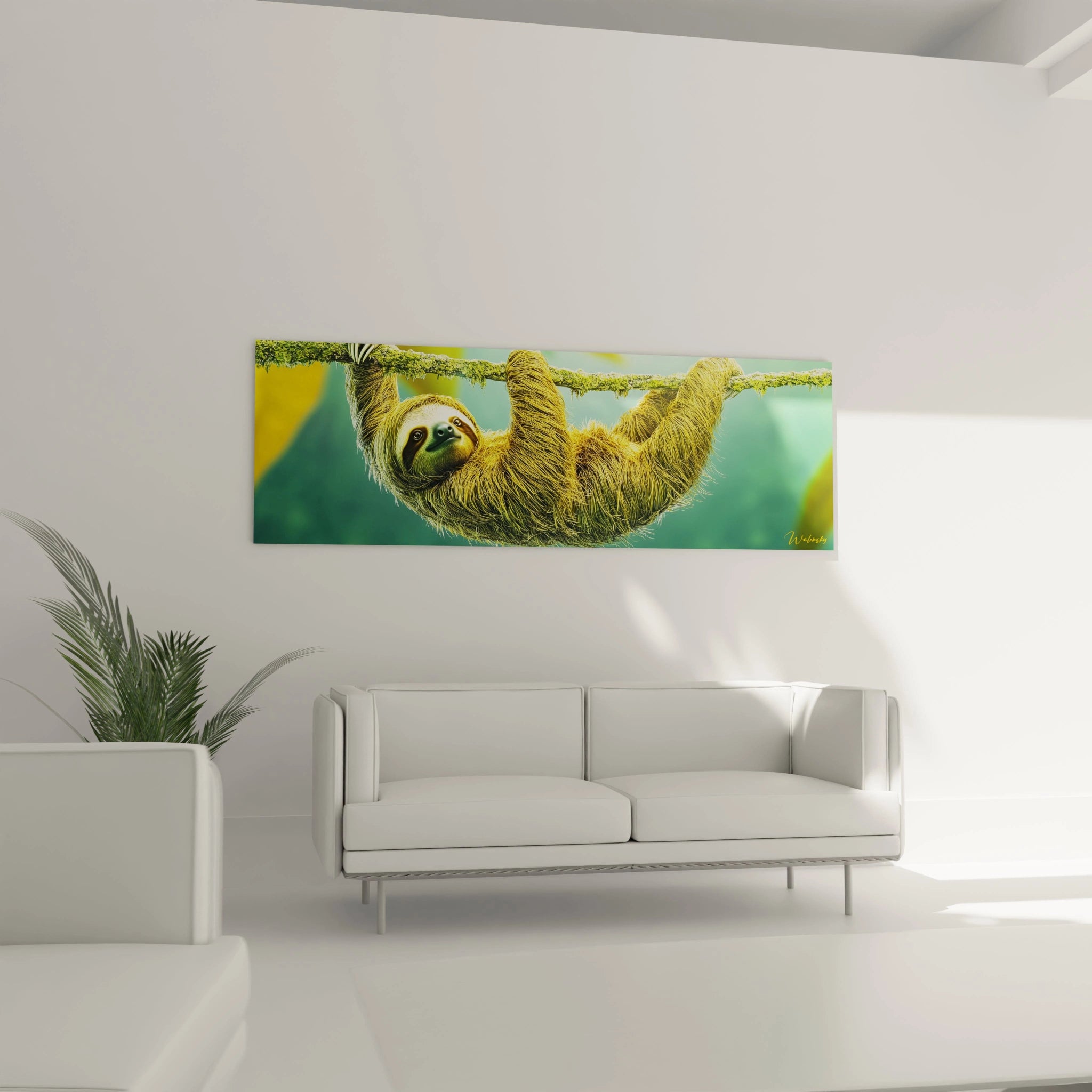 Tableau paresseux Walensky avec illustration d'un paresseux accroché à une branche dans un salon moderne