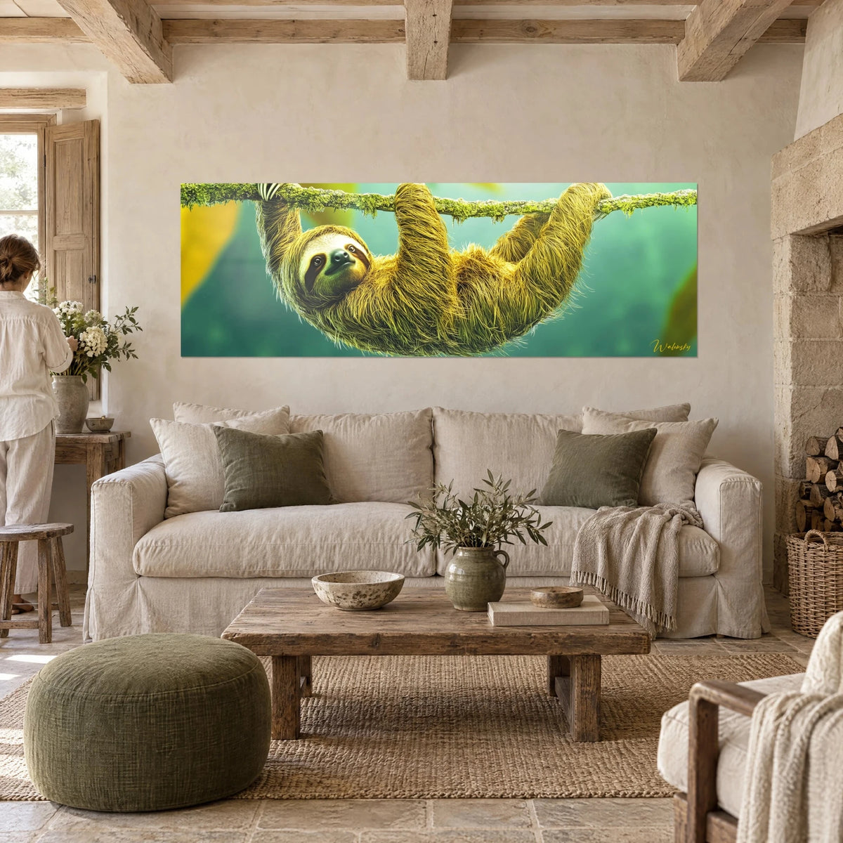 Schilderij luiaard die aan zijn met mos begroeide tak hangt, mosterdgeel vacht, turquoise achtergrond, boven een bank in een lichte woonkamer