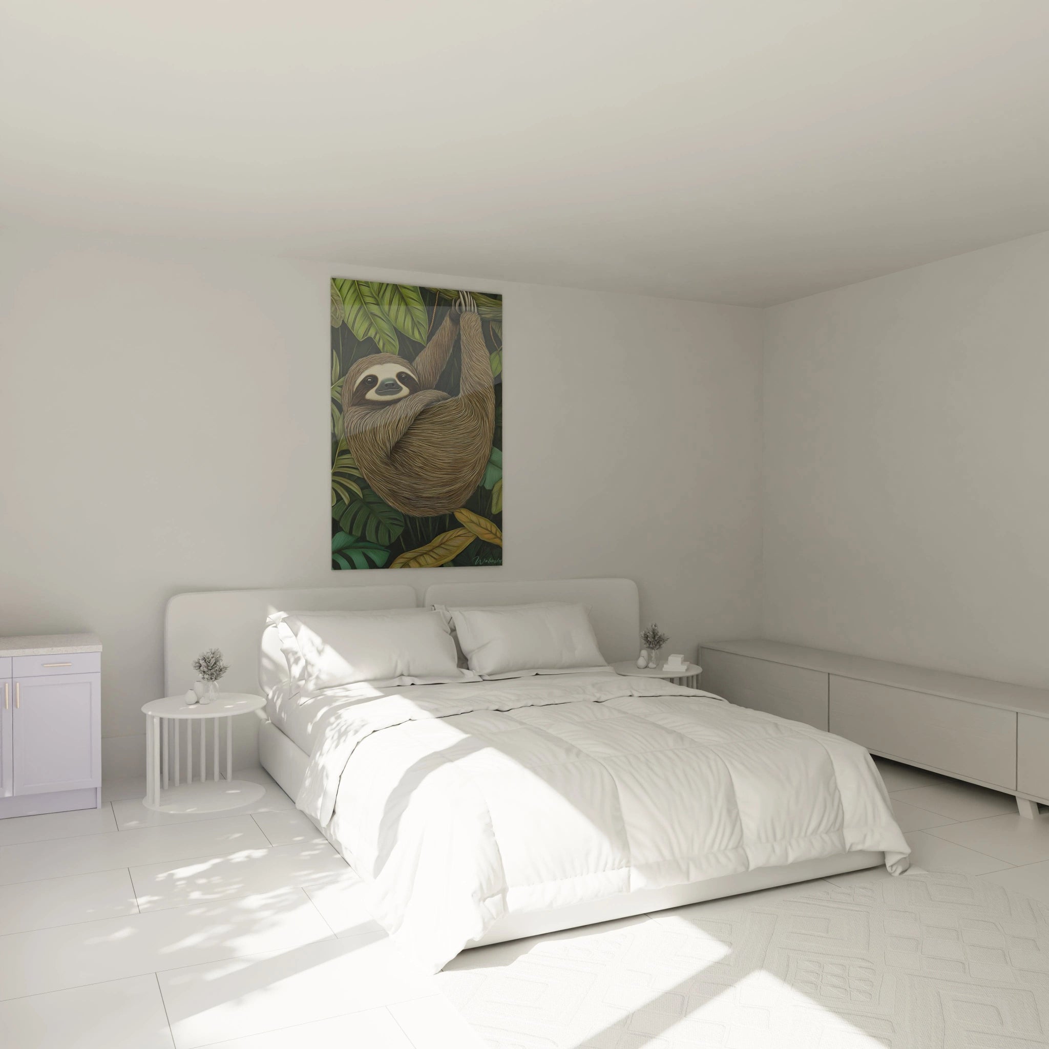 Tableau paresseux Walensky accroché au-dessus d'un lit double dans une chambre moderne lumineuse