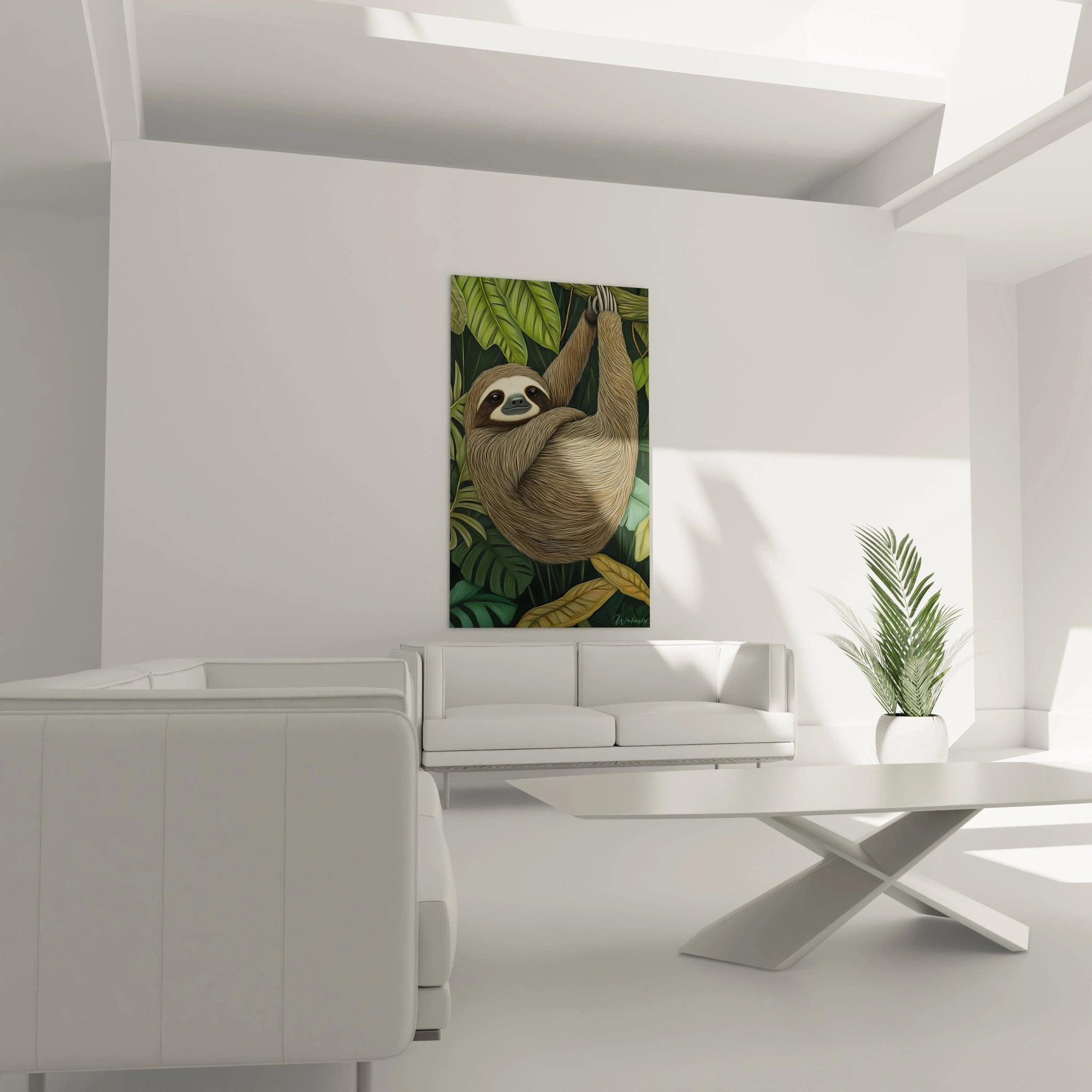 Tableau paresseux Walensky représentant un paresseux suspendu parmi des feuilles vertes dans un salon moderne blanc